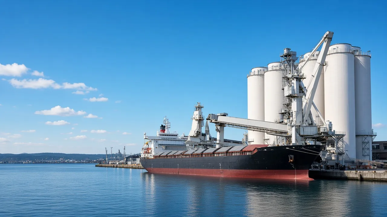 Bulk carrier moored at a cement import terminal