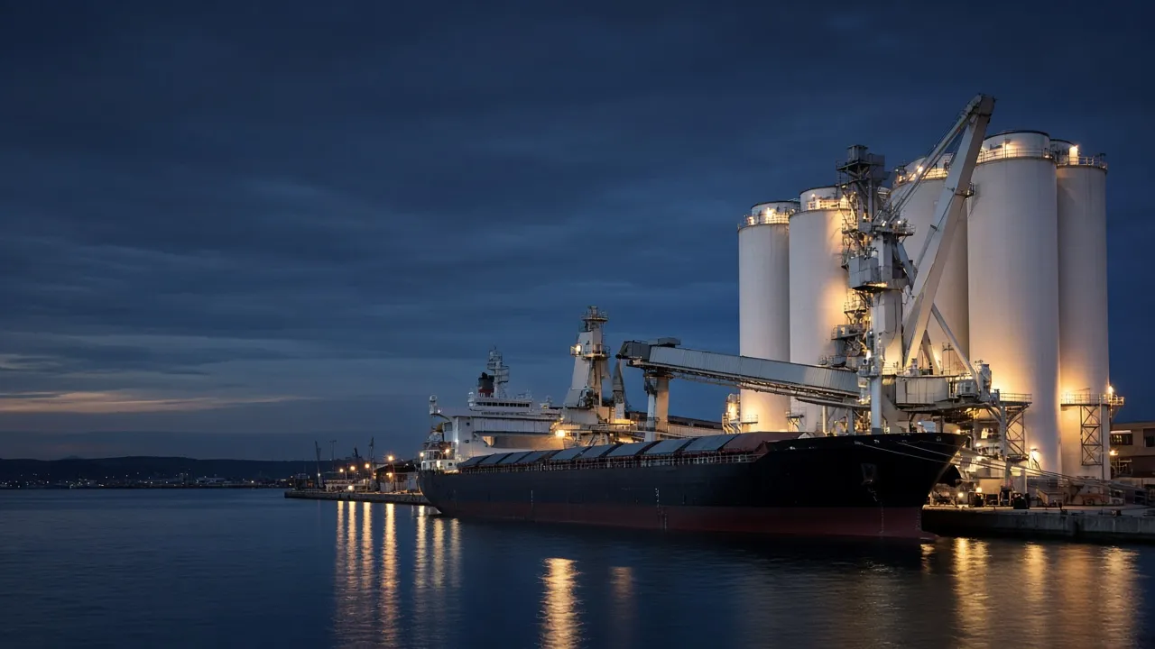 Bulk carrier moored at a cement import terminal at dusk