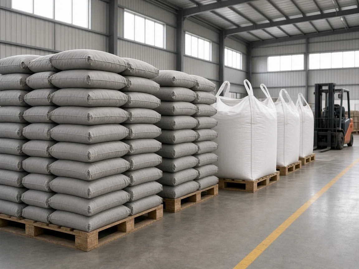 Pallets of cement sacks and white jumbo bags in a warehouse