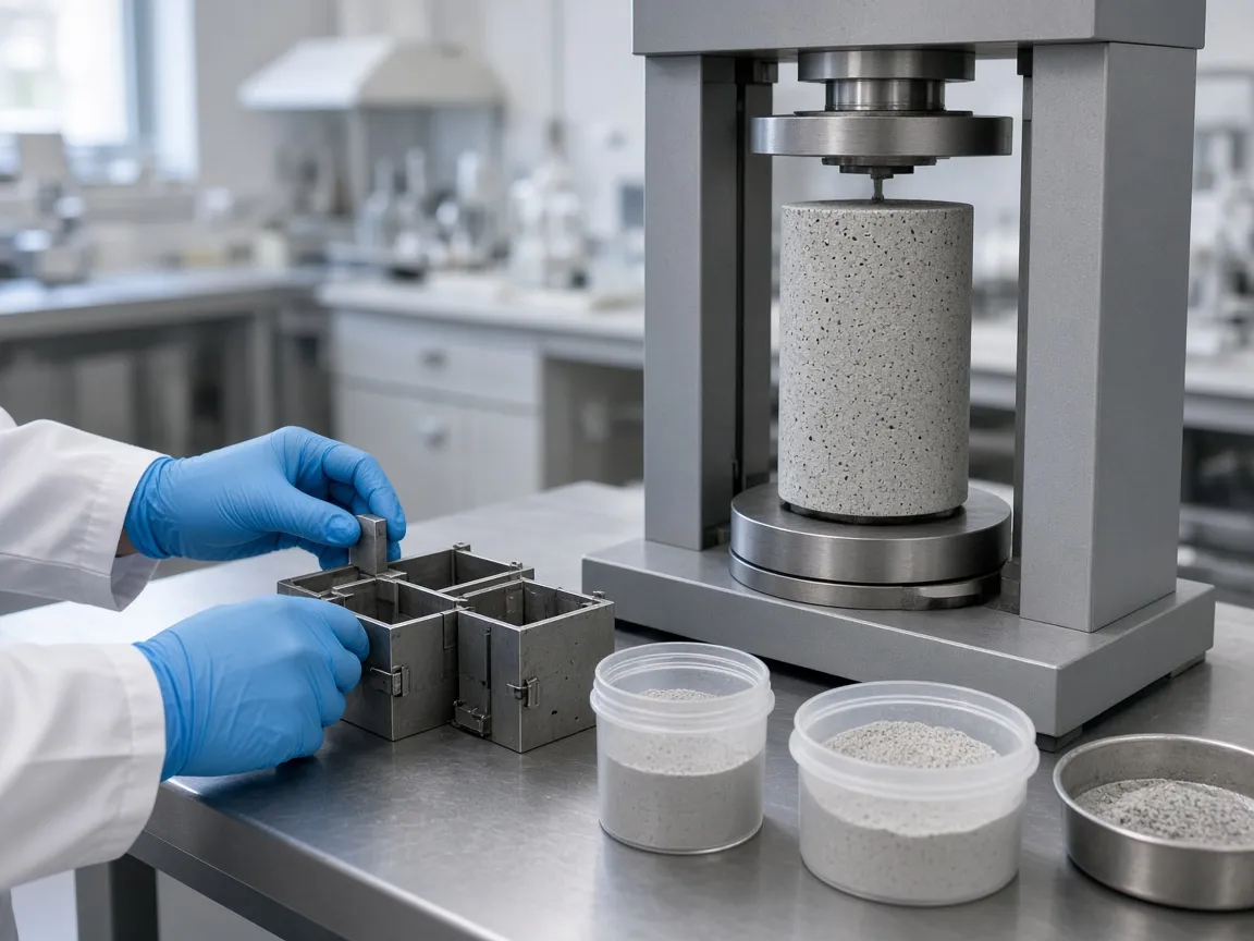 Technician preparing cement mortar cube molds next to a compression testing machine