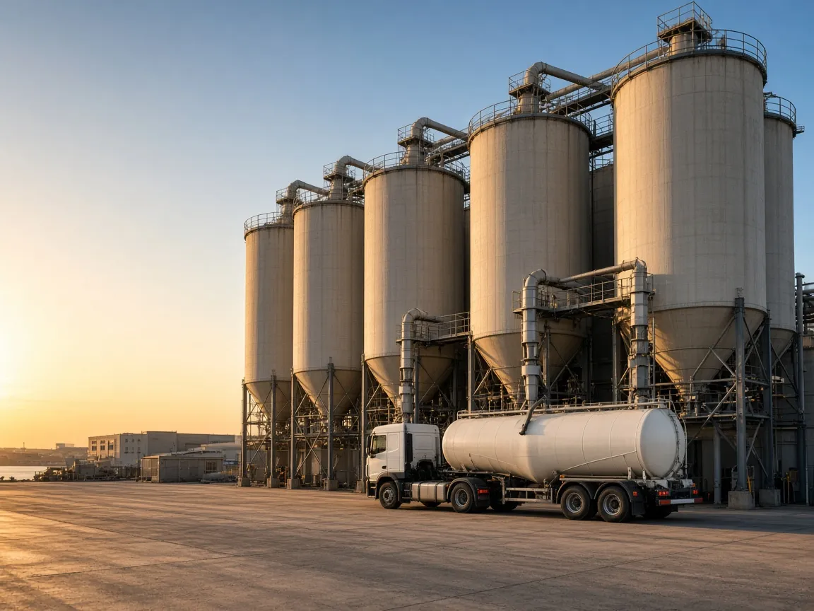 Cement terminal silos with a bulk tanker truck loading